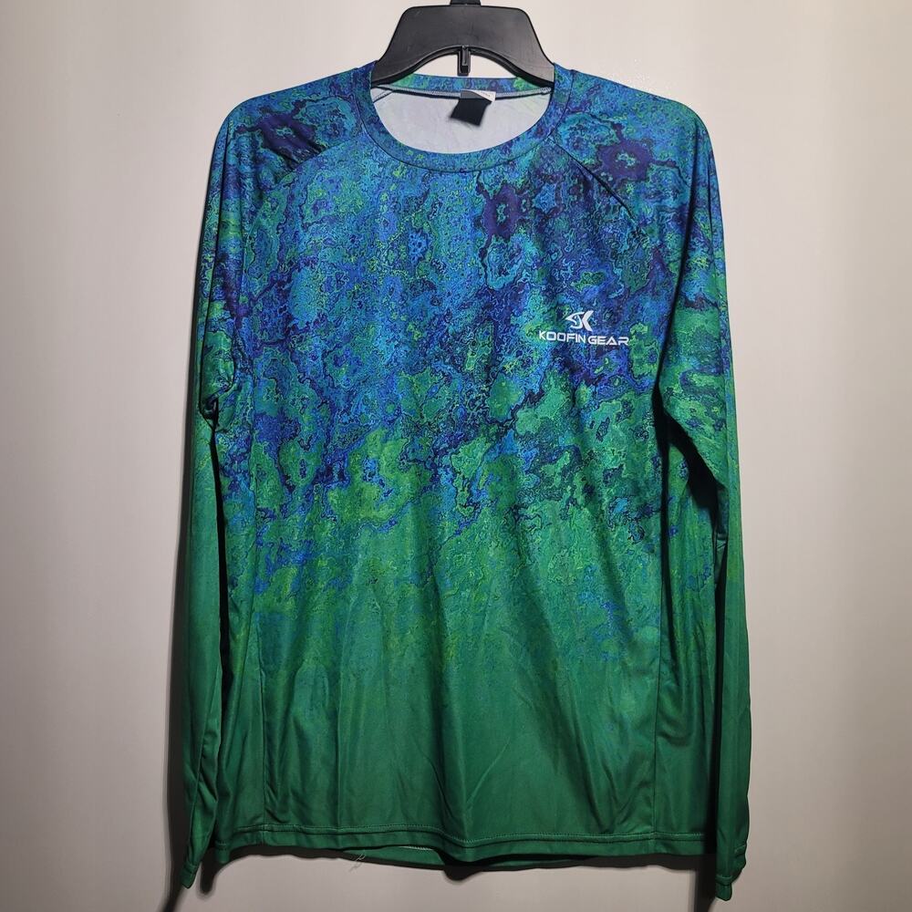 KOOFIN GEAR Men's Large Long Sleeve Performance Fishing Shirt Blue Green Marble